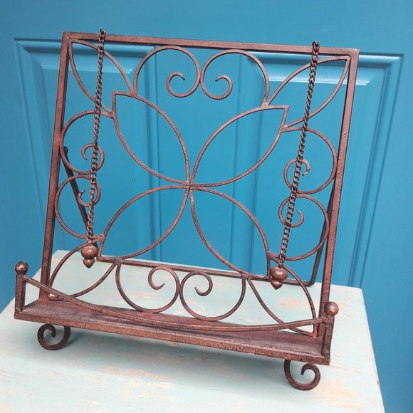 Metal Cook Book Display Stand Kickstand Page Holder Chain with Weights Vintage - Picture 11 of 12
